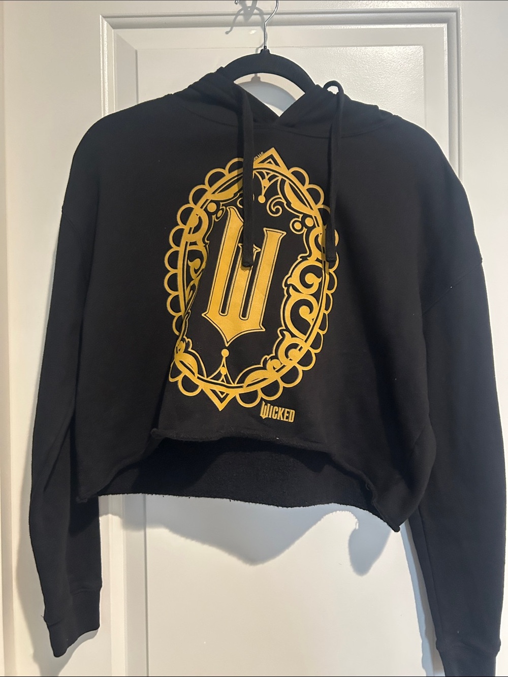 Wicked Black Cropped Crewneck Hoodie with Gold Crest